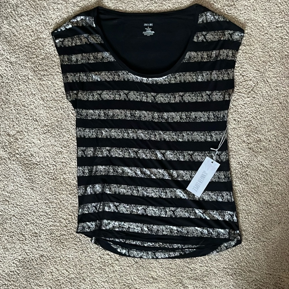 NWT Jennifer Lopez Black & Silver Metallic Stripe T-shirt, Size Small. So Soft!!